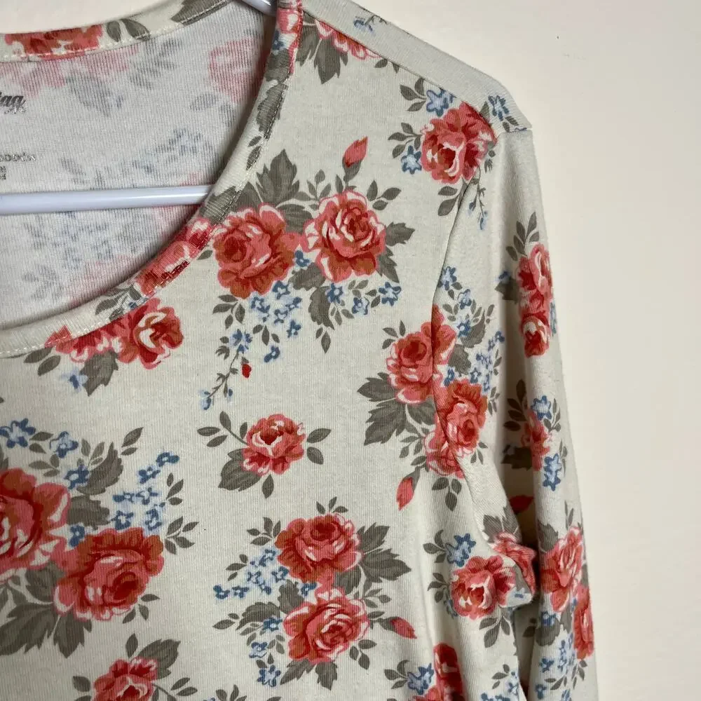 Floral Long Sleeve Top Womens L Cottagecore‎ White Pink Roses Romantic Basic